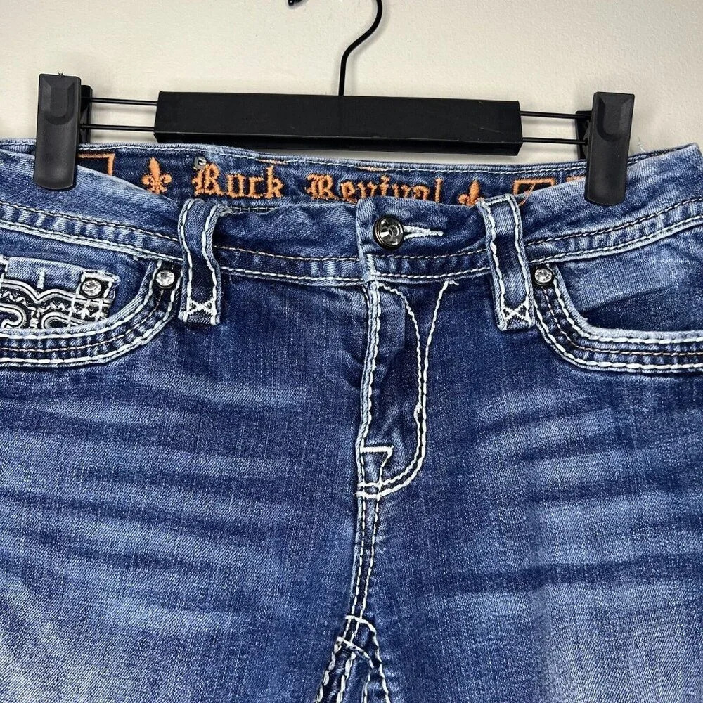 Rock Revival Clover Capri Jeans Size 28 Distressed Jewels - Picture 2 of 13
